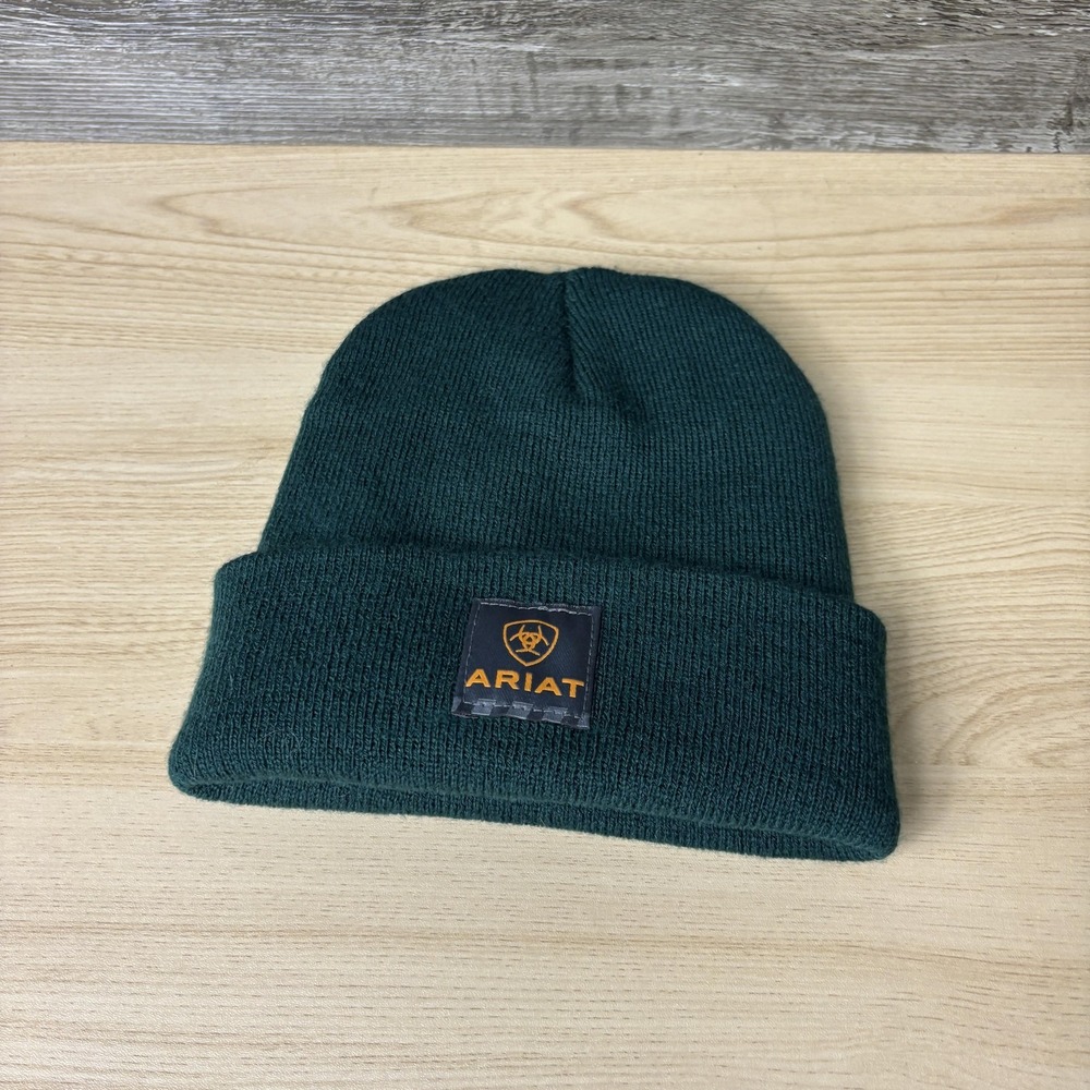 Ariat Hat Beanie Winter Knit Cuffed Green‎ Patch Logo Made in USA Mens Work